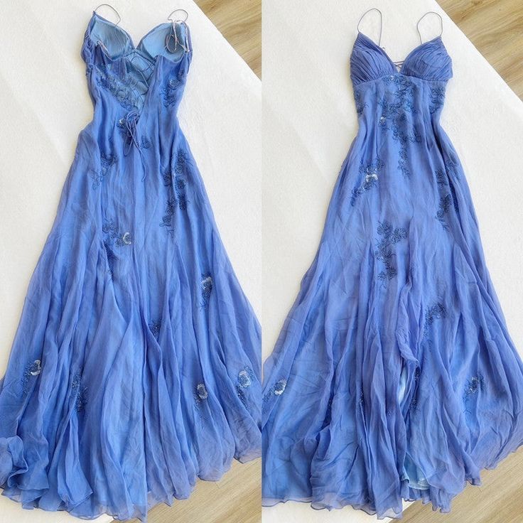 Blue Vintage Elegant V Neck Exquisite Embroidery Applique Beading Long Chiffon prom dress Evening Gown Party Dress gh3408