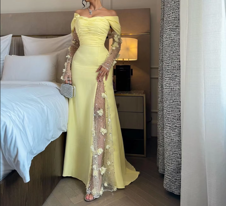 Elegant Yellow Prom Dresses Long Off Shoulder Formal Wedding Party Dress