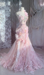 Fairytale Pink Sweetheart Mermaid Tulle Long Prom Dresses Formal Evening Gowns with Appliques  fg8448
