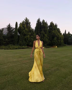 Pretty A line Halter Neckline Long Yellow Prom Dress Evening Dress Formal Dress SD2161