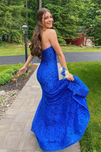 Lace Strapless Royal Blue Prom Dresses with Slit     fg3169