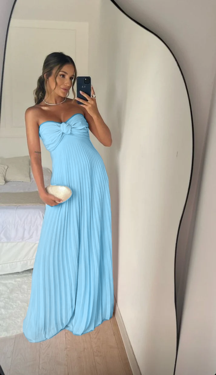 Strapless A Line Pink Long Prom Dress Pleated Formal Party Gown       fg6582