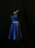 Pretty Spaghetti Straps Backless Homecoming Dress Royal Blue Satin Beaded Cocktail Dress S429