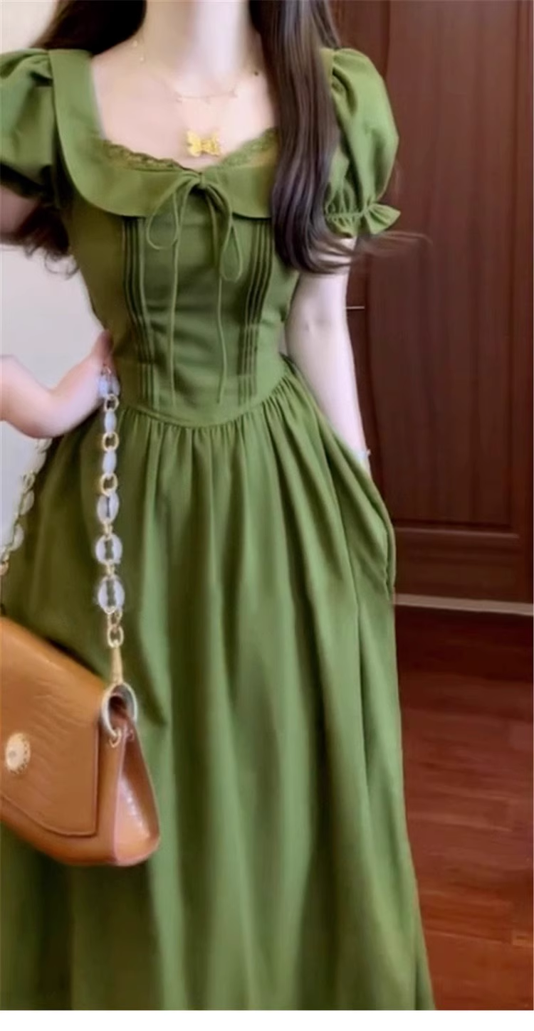 Vintage Olive Green Prom Dress A-Line Short-sleeve Evening Dress Long Formal Dress TP4719