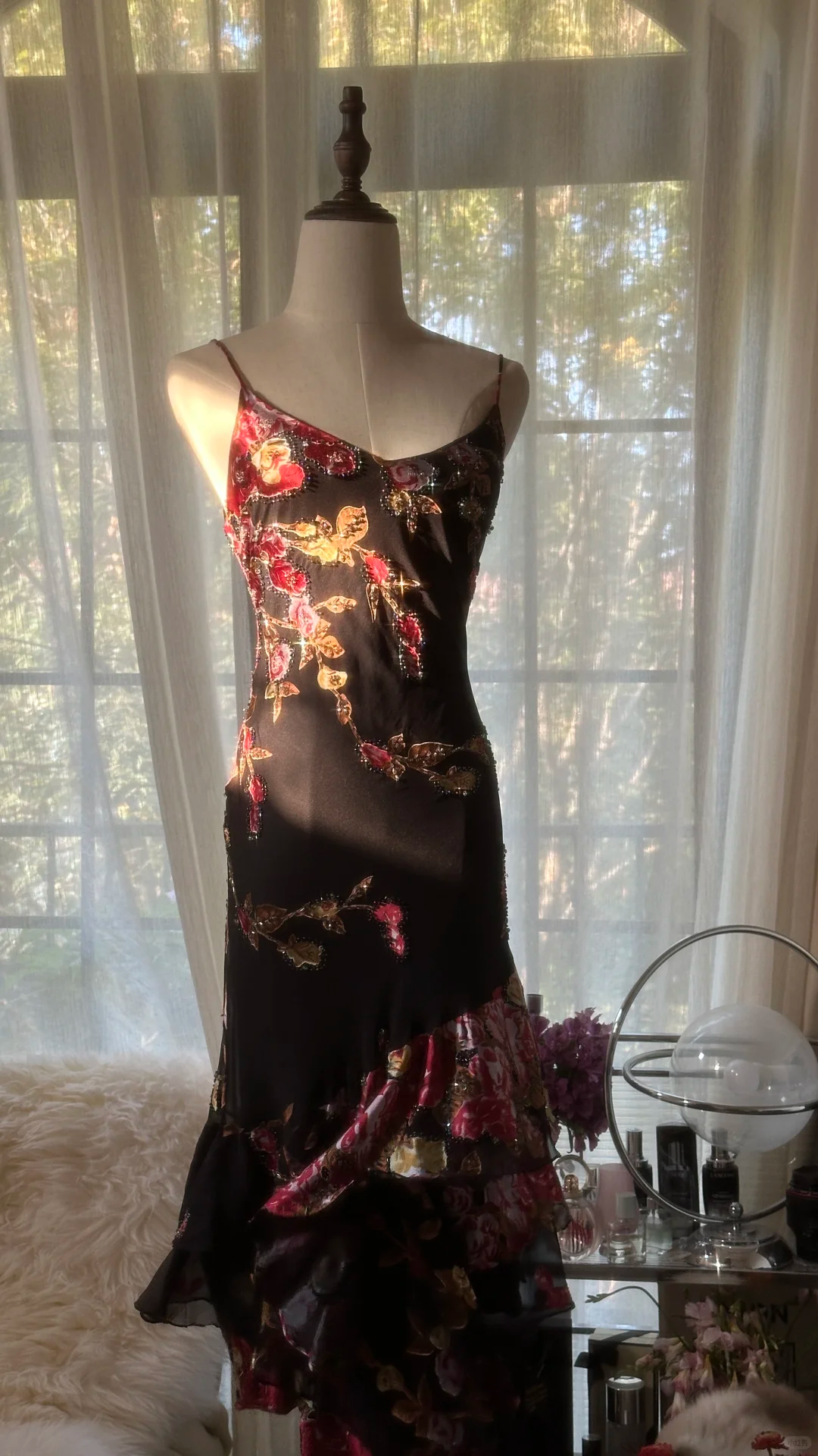 Vintage Black Spaghetti Strap Floral Design Romantic Chiffon Evening Dress Prom Dress TP4019