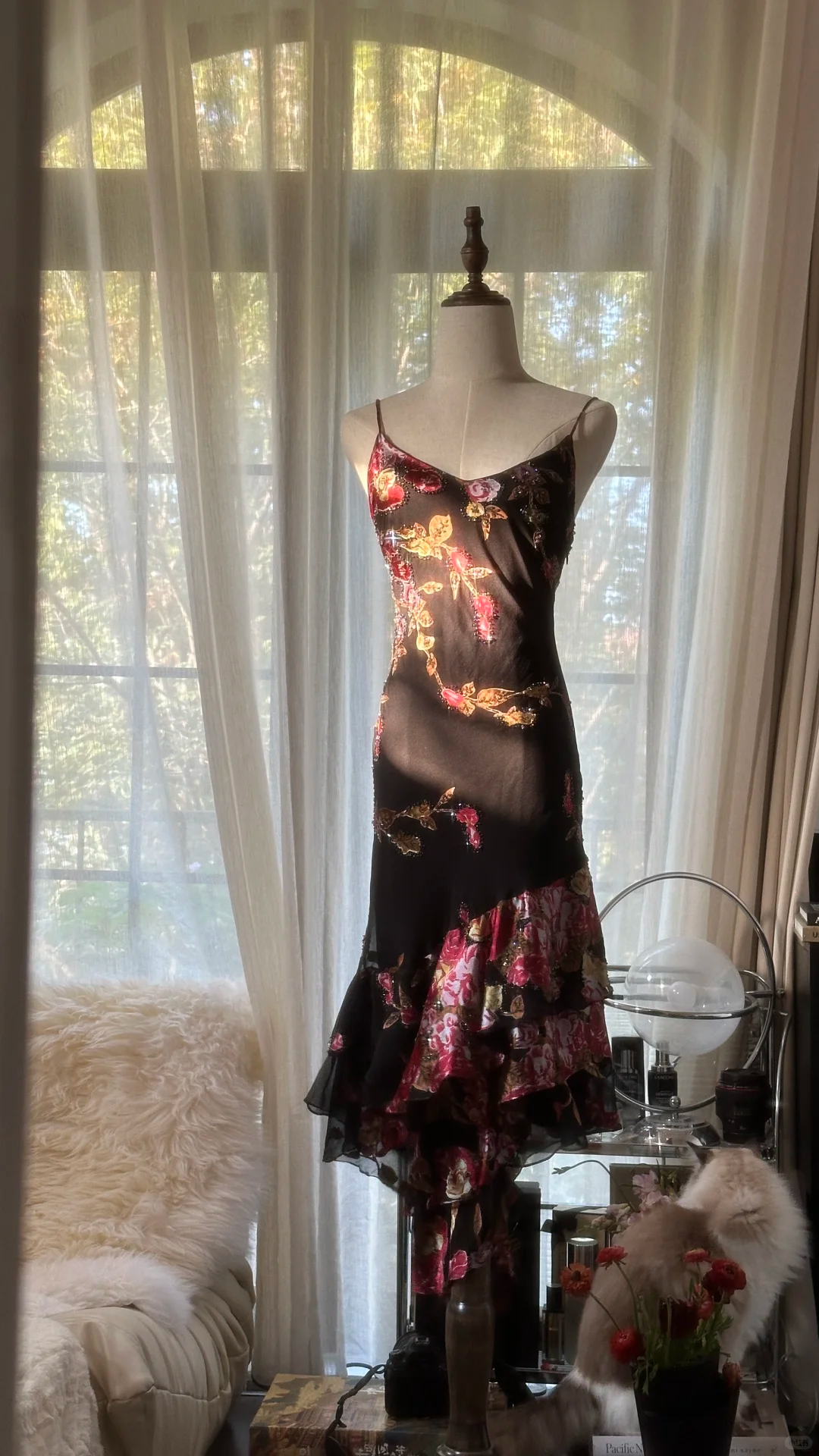 Vintage Black Spaghetti Strap Floral Design Romantic Chiffon Evening Dress Prom Dress TP4019