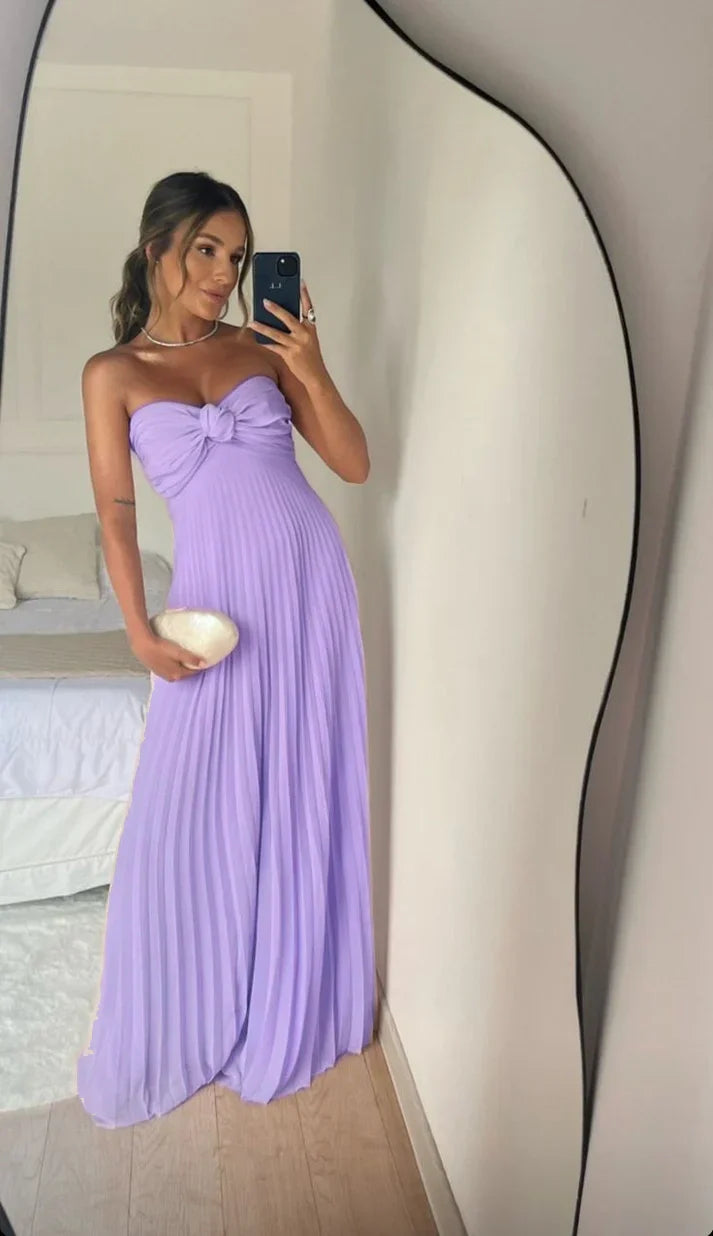 Strapless A Line Pink Long Prom Dress Pleated Formal Party Gown       fg6582