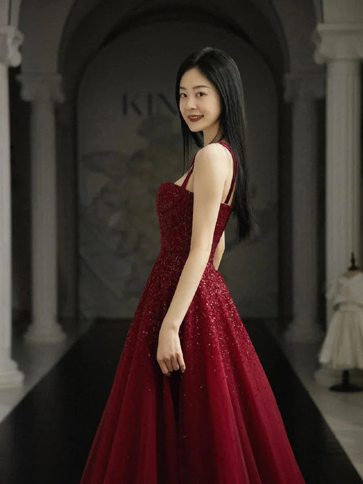 Burgundy Prom Dresses A line Straps Tulle Evening Dresses      fg6734