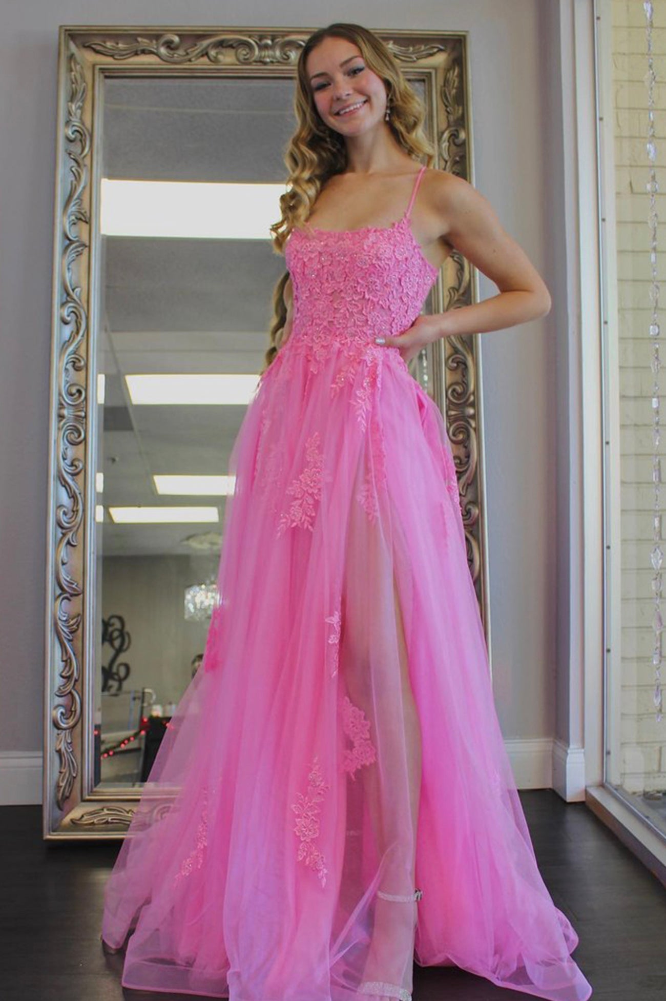Pink Lace Long Prom Dresses,A-Line Backless Formal Evening Dress