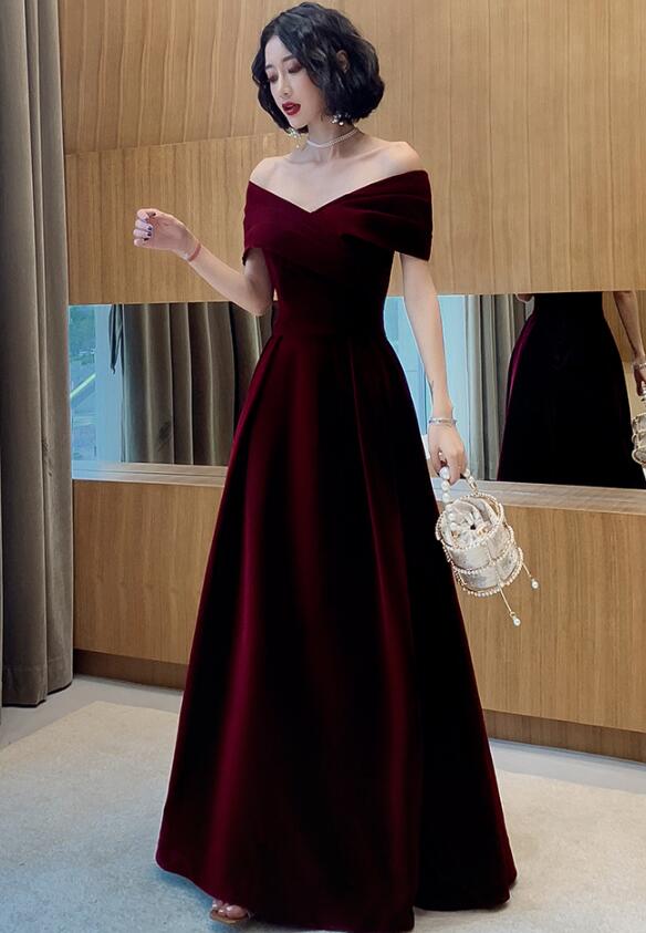 dress velvet red Beautiful Dark Red Velvet Off Shoulder Bridesmaid Dress, A-line Long Prom Dresses – Uschichub