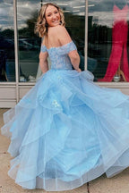 Light Blue Tulle Off-the-Shoulder Tiered A-Line Prom Dress,Graduation Dresses with Ruffles