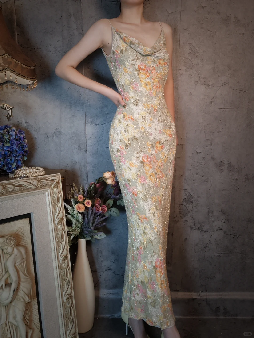 Vintage Floral Spaghetti Strap Sparkling Beaded Design Romantic Chiffon Evening Dress Prom Dress TP4027