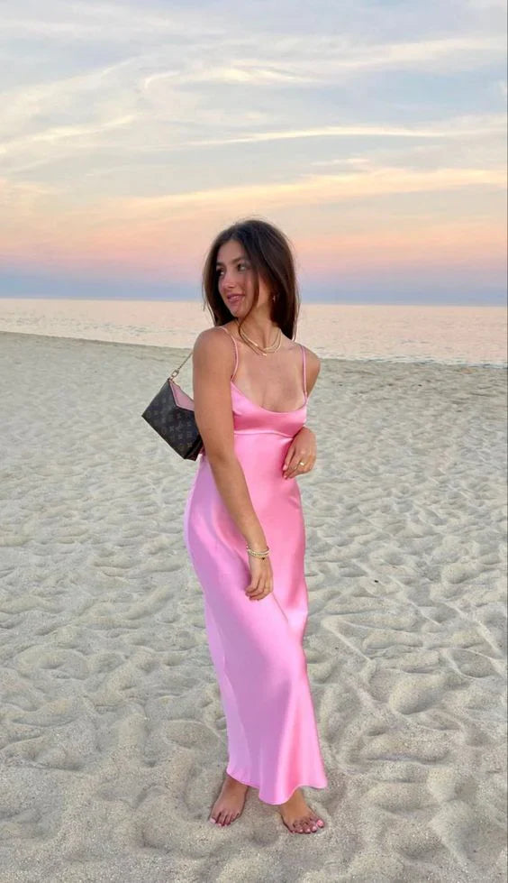 Simple Straps Sleeveless Party Dress Satin Pink Prom Dress      fg5332