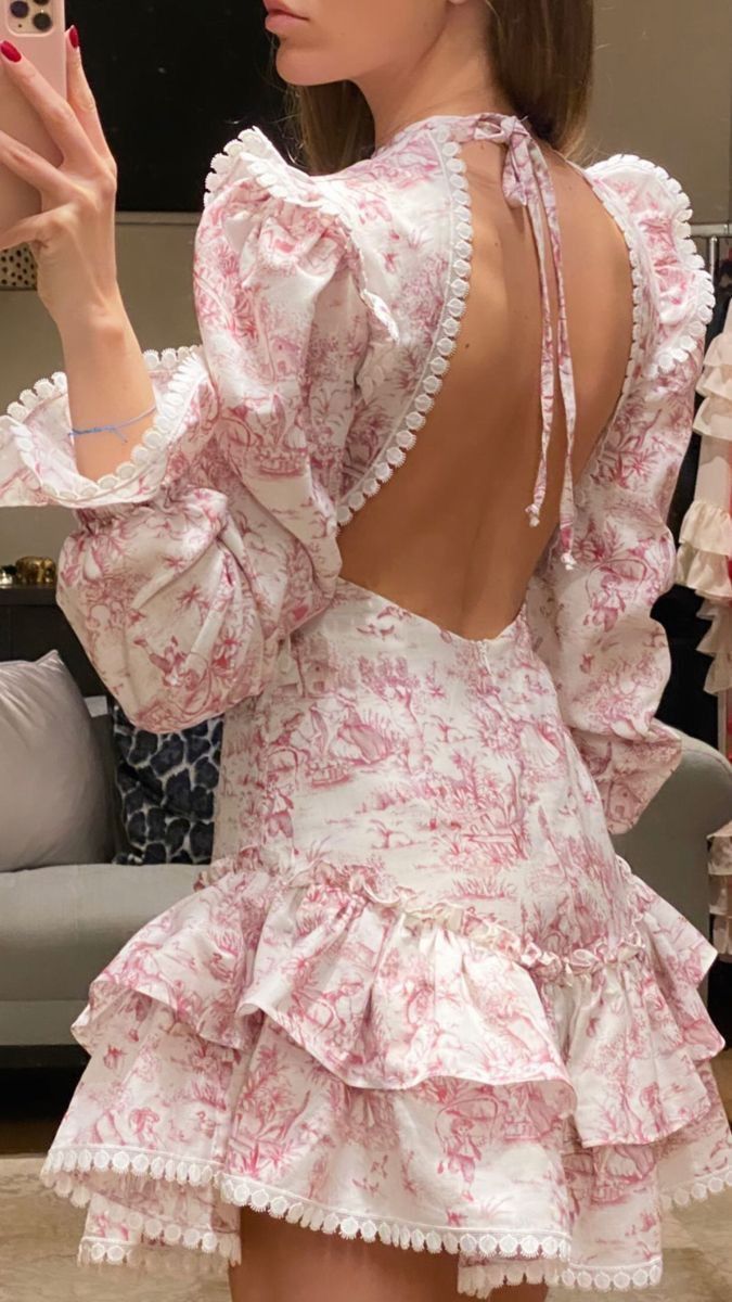 uschichubs-Pink floral long sleeves fashion sweet short chiffon backless homecoming dress birthday dress gh5272