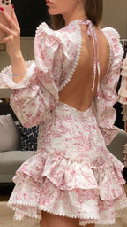 uschichubs-Pink floral long sleeves fashion sweet short chiffon backless homecoming dress birthday dress gh5272