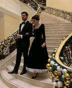 Classic Black Velvet A Line Evening Dresses,Long Sleeves Women Formal Prom Gown