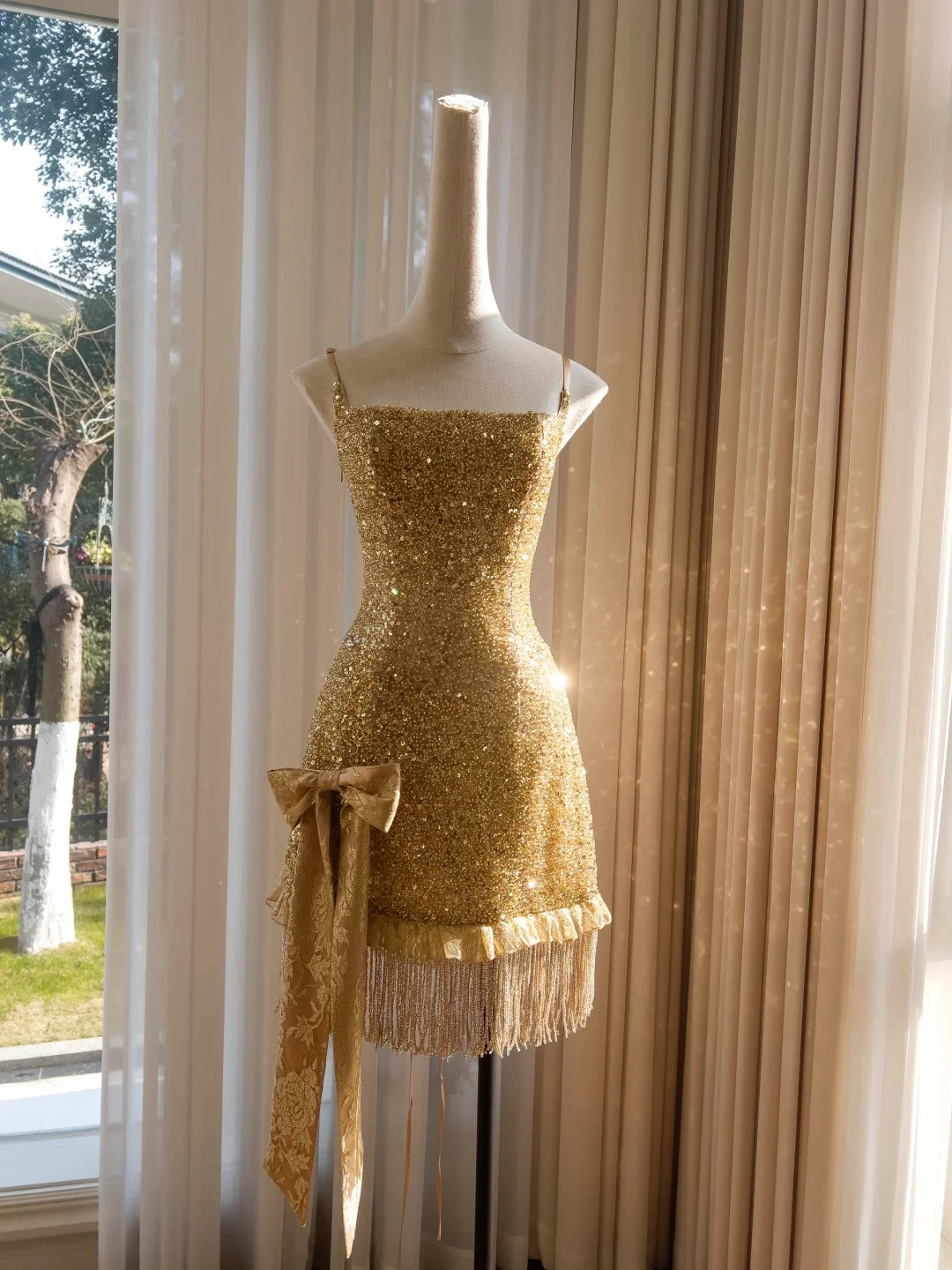 Gold Luxury Shiny Gorgeous Cute Elegant Exquisite Tassel Short Sequin Homecoming Dress Prom Dress Evening Dress Party Dress gh4165