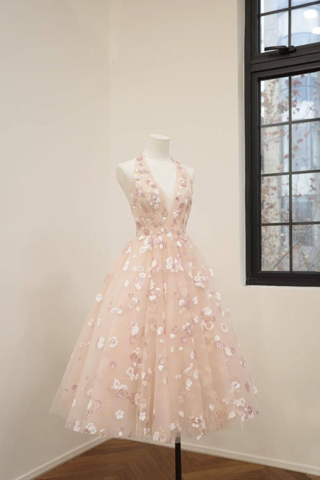uschichubs-Pink floral fashion long tulle sequin homecoming dress birthday dress Prom dress evening dress gh5071