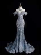 ____ilver Blue Luxurious Heavy Industry Sparkling Gorgeous Elegant Exquisite Beading Stunning Long Mermaid Dress Sequin Floor Length Trailing Prom Dress Evening Dress Wedding Dress gh4114