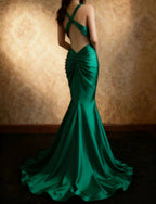 uschichubs-Sleeveless Deep V - Neck Backless Dark Green Satin Mermaid Dress, Retro Elegant Slim - fitting Floor - length Evening Gown  gh5827