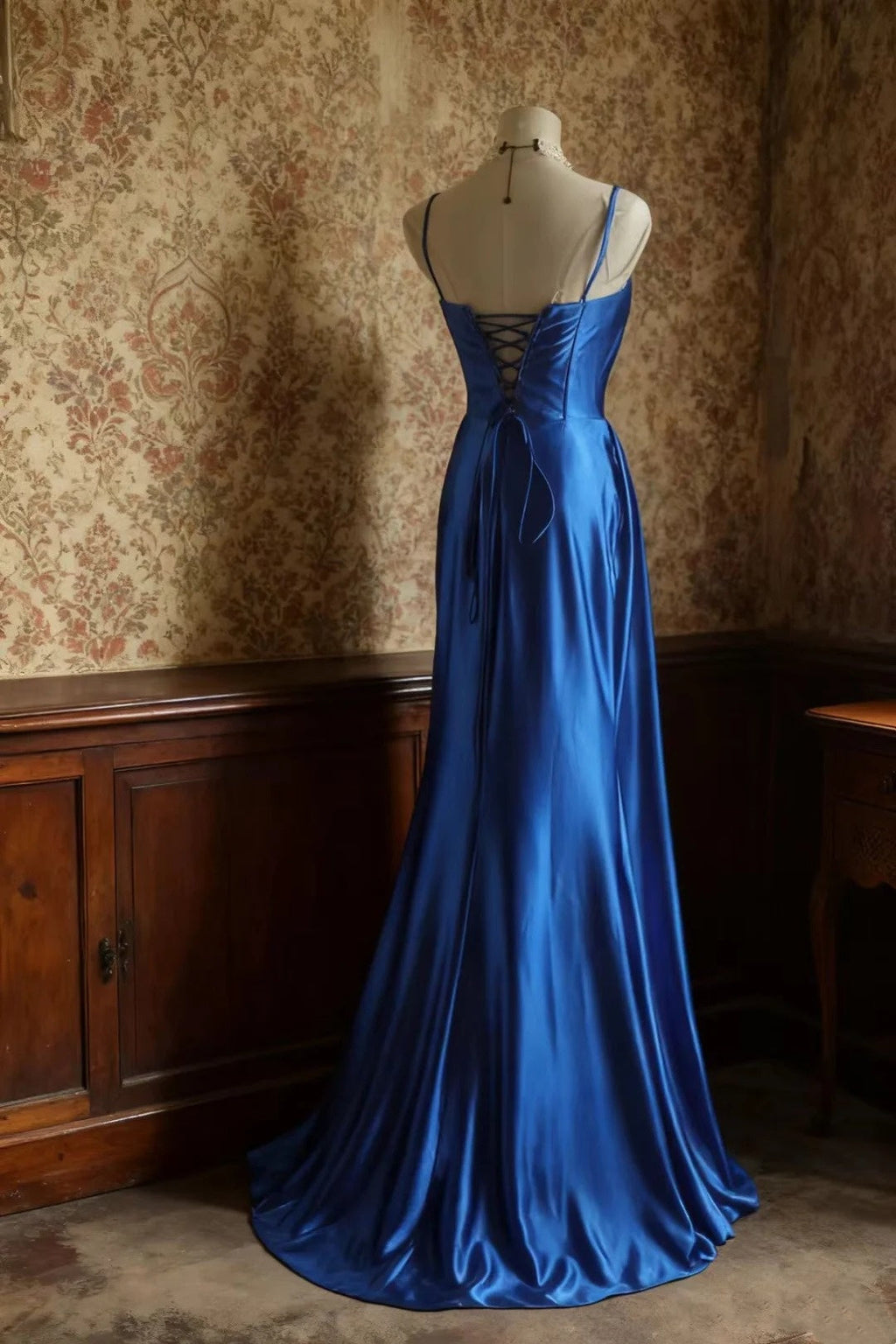 uschichubs-Sleeveless Royal Blue Satin Mermaid Dress, Retro Elegant Slim - fitting Floor - length Evening Gown  gh5828