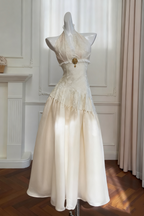 uschichubs-Vintage Lace Jacquard Halter Evening Dress, Long Sleeveless Elegant Party Gown gh5902