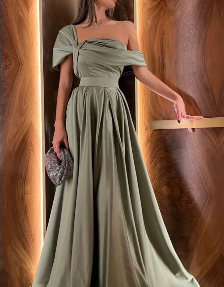 A Line Off Shoulder Sage Green Prom Dress Evening Formal Party Gowns   fg7447