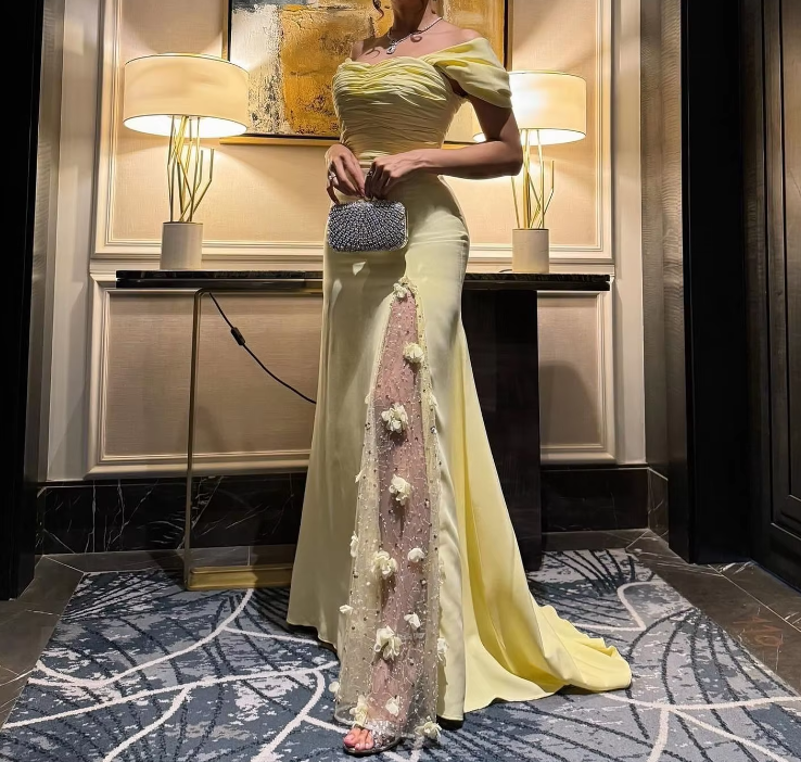 Elegant Yellow Prom Dresses Long Off Shoulder Formal Wedding Party Dress