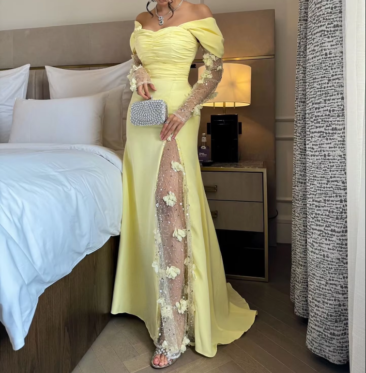 Elegant Yellow Prom Dresses Long Off Shoulder Formal Wedding Party Dress