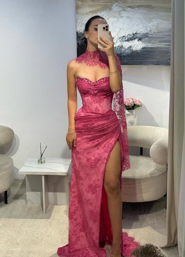 Vintage Fuchsia Sheath Lace Evening Gown High Slit Party Dress Long Formal Dress TP4964
