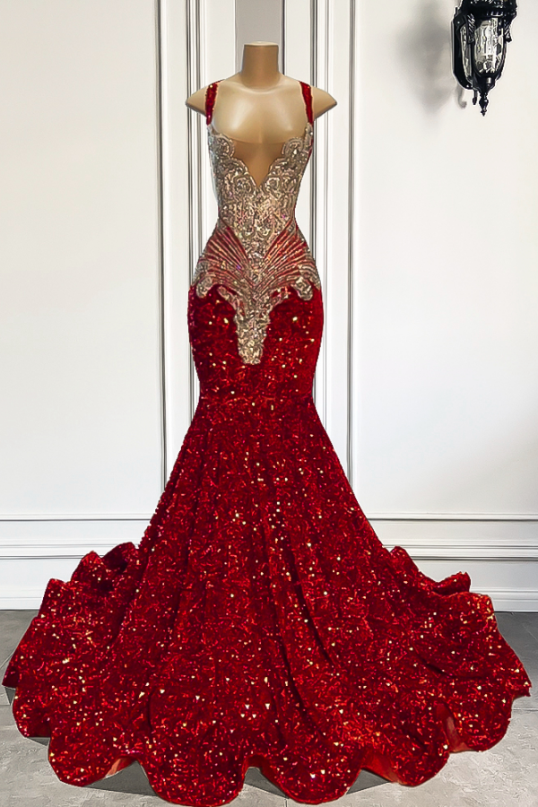 Gorgeous Mermaid Sparkly Prom Party Burgundy Sequin Black Girls Formal Gowns