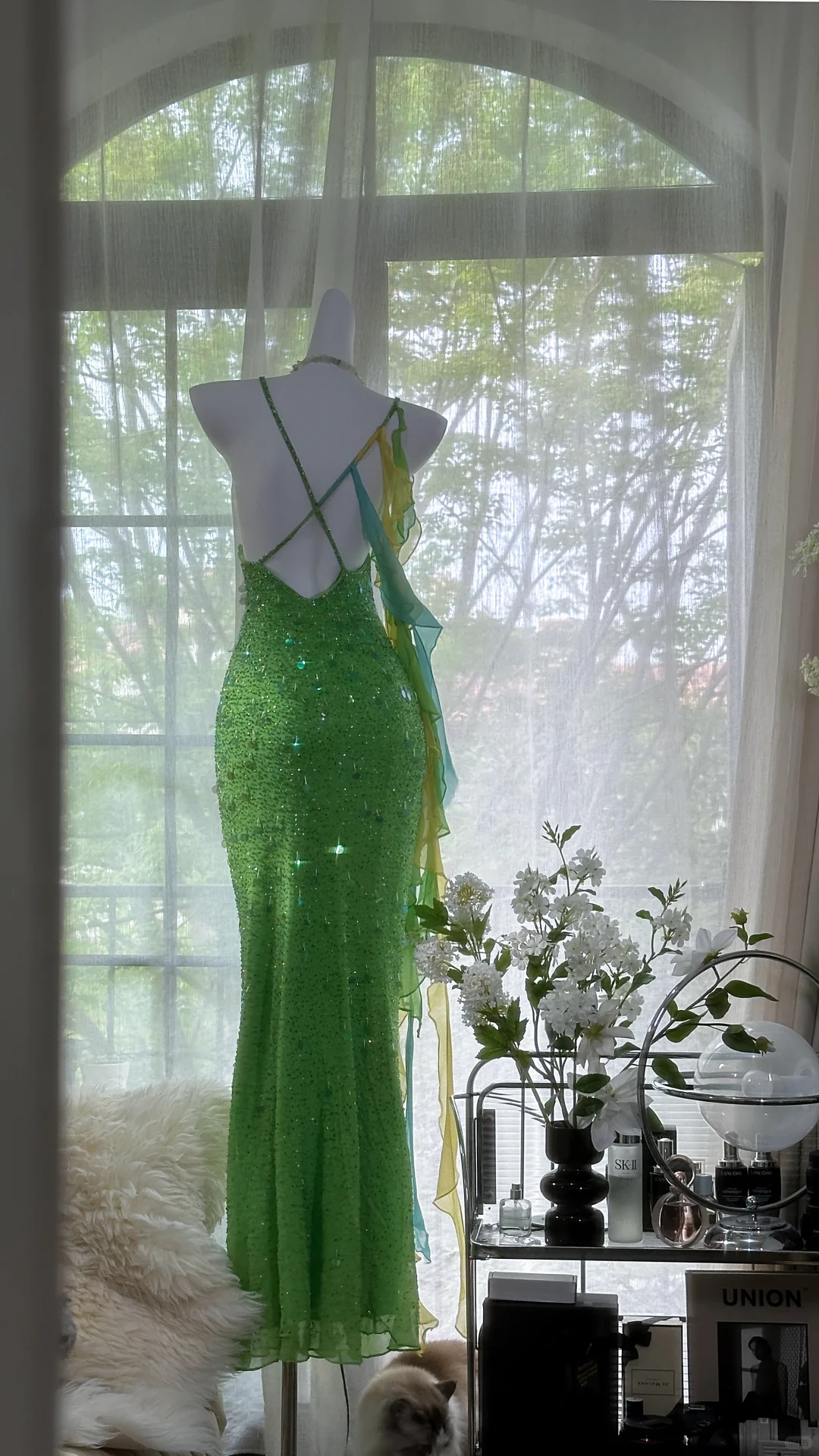 Vintage Shiny Sequin Green Spaghetti Strap Design A-line Romantic Chiffon Evening Dress Prom Dress TP4007