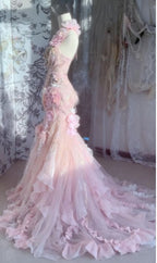Fairytale Pink Sweetheart Mermaid Tulle Long Prom Dresses Formal Evening Gowns with Appliques  fg8448