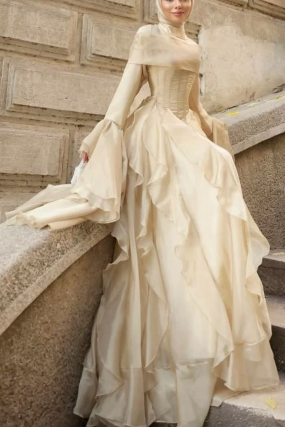 Champagne Gold Flared-Sleeve Tiered Fitted Gown gh6405