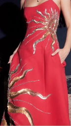 Gorgeous Spaghetti Straps Red Satin With Gold Sequin Long Party Dress Evening Dress D1387