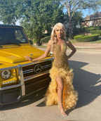 Charming Gold Crystal Prom Dresses Ruffles Formal Dress Long