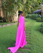 Fuchsia One Shoulder Prom Dress With Draped Sleeve Elegant