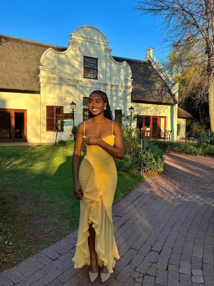 Romantic Ruffle Ruched High Low Maxi Dress Charming Evening Party Dress  fg7758