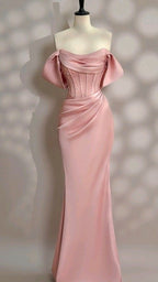Long Pink Satin Prom Dress Off Shoulder Prom Dress Evening Party Gowns    fg7426
