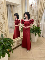 Burgundy Off Shoulder Prom Dress Long Satin Evening Party Dresses