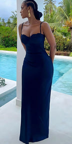 Spaghetti Straps Navy Blue Prom Dress Sexy Evening Party Dress       fg7412