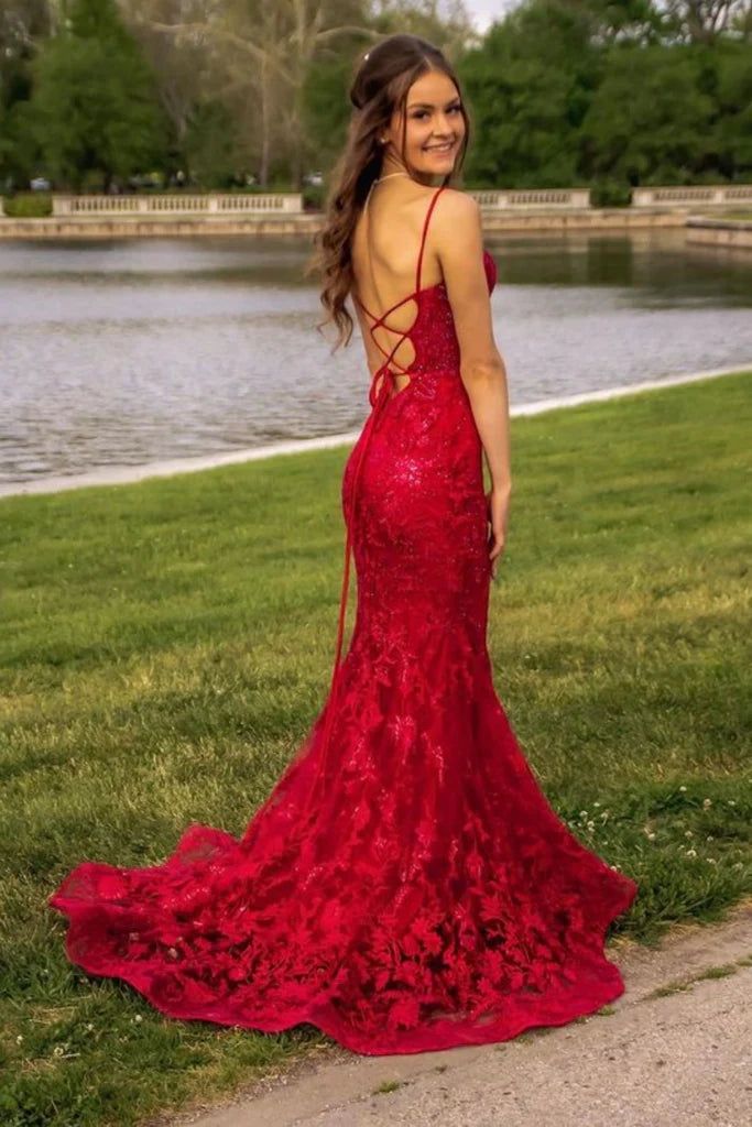 Burgundy Mermaid Lace Sequins Prom Dress Formal Wear Dresses    fg6922