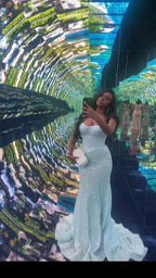 Glitter Light Blue Mermaid Long Prom Dresses Wedding Party Dress