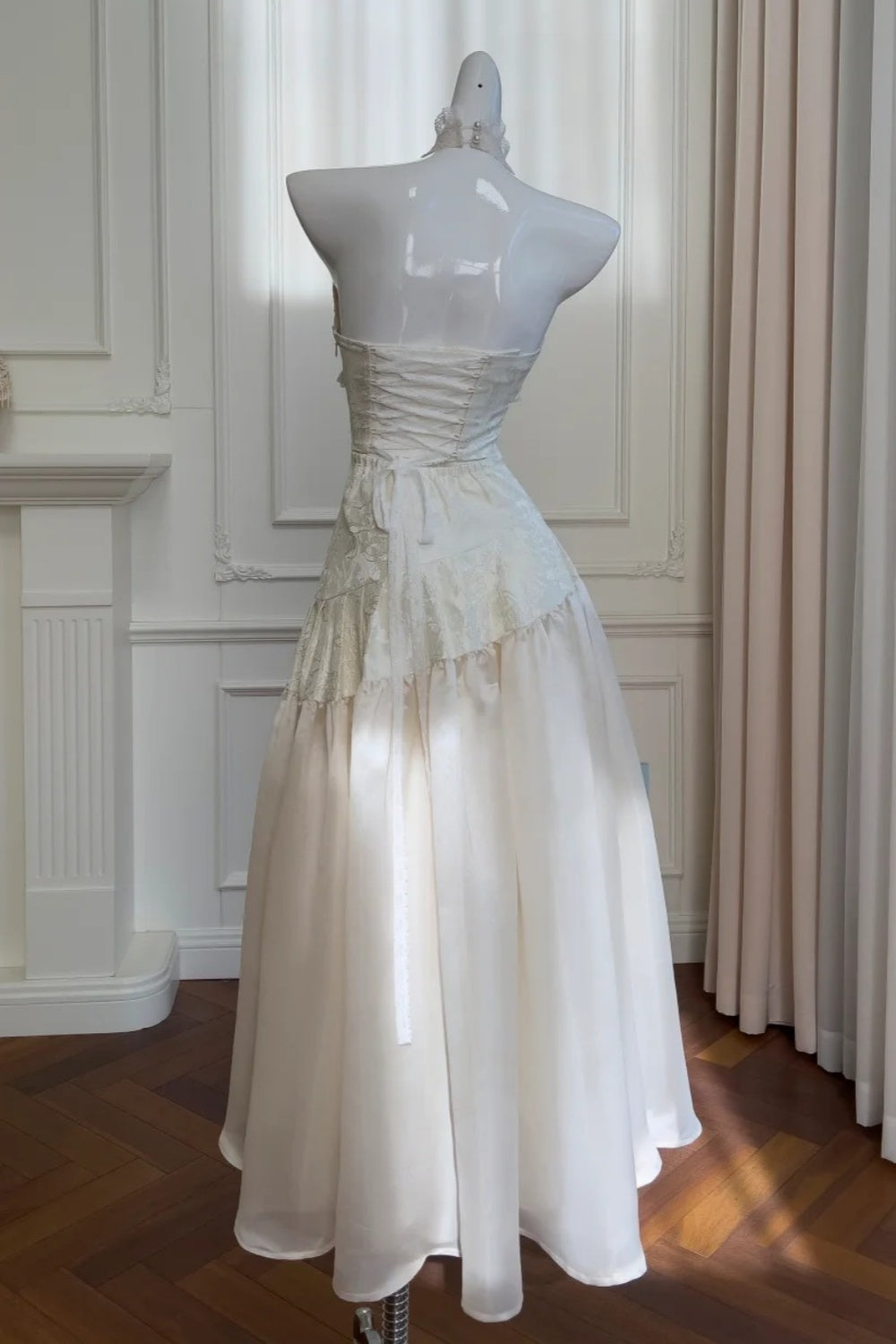 uschichubs-Vintage Lace Jacquard Halter Evening Dress, Long Sleeveless Elegant Party Gown gh5902