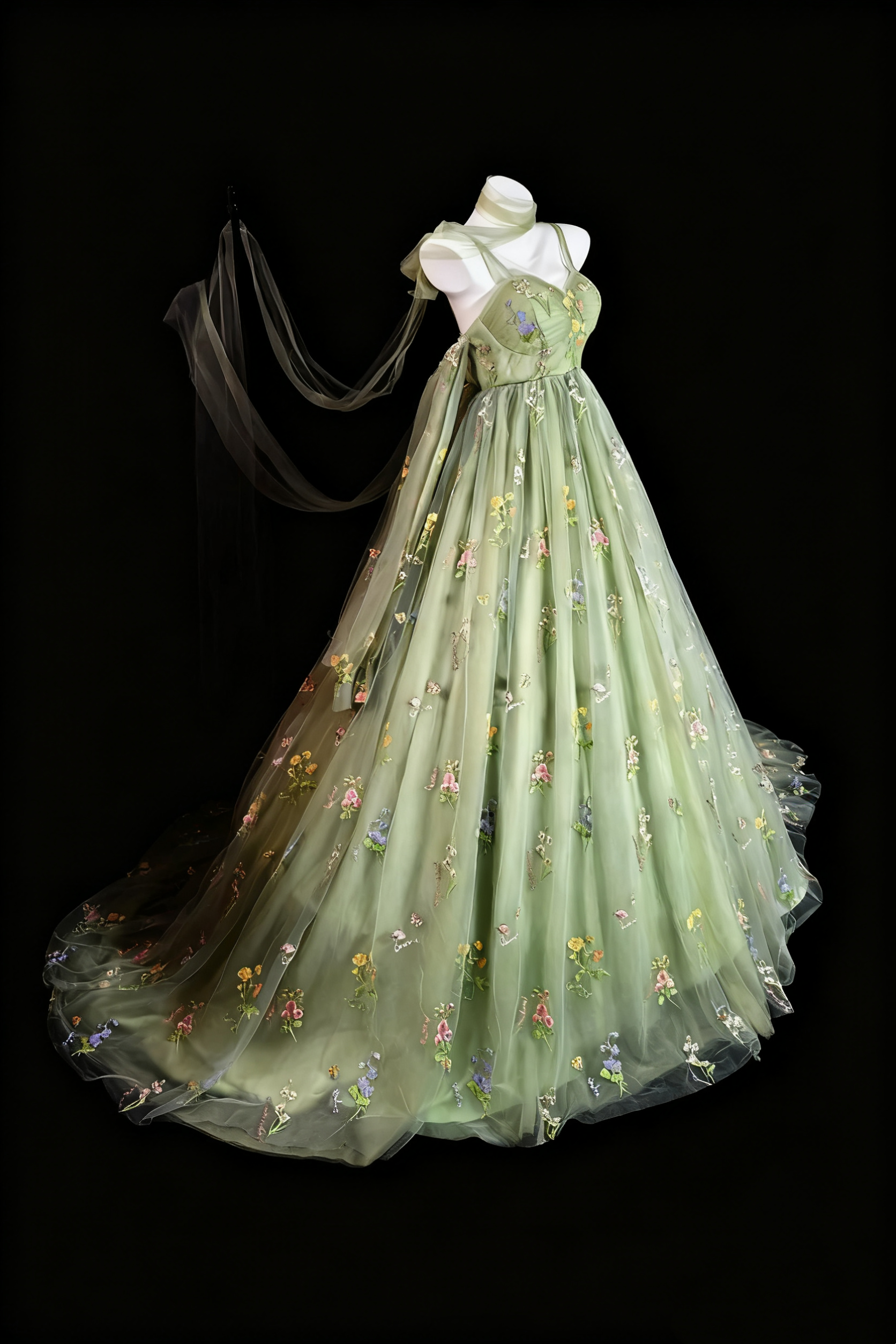 uschichubs-Green Delicate Floral Tulle Ball Gown gh6285