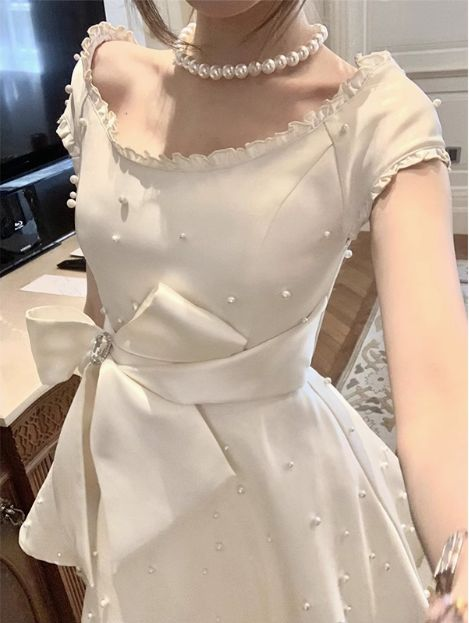 Pearl Satin A-Line Birthday Dress Bow Homecoming Dress fg8291