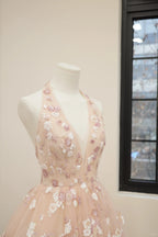 uschichubs-Pink floral fashion long tulle sequin homecoming dress birthday dress Prom dress evening dress gh5071