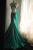 uschichubs-Sleeveless Deep V - Neck Backless Dark Green Satin Mermaid Dress, Retro Elegant Slim - fitting Floor - length Evening Gown  gh5827