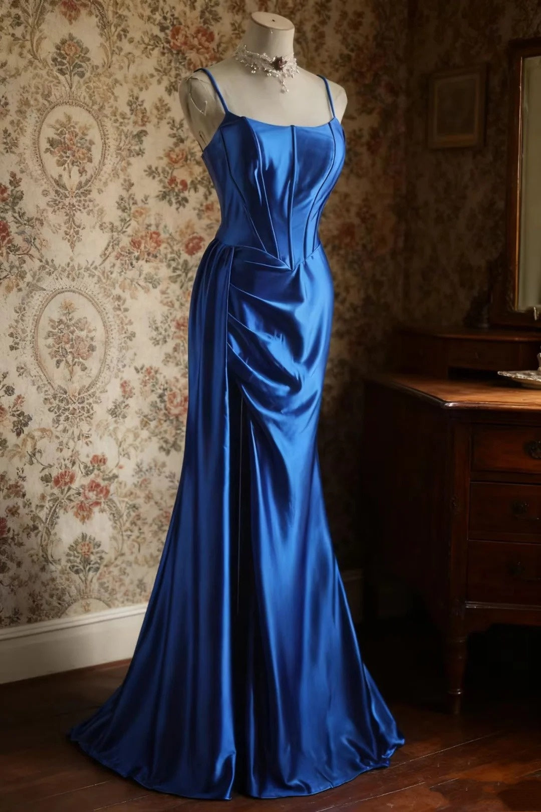uschichubs-Sleeveless Royal Blue Satin Mermaid Dress, Retro Elegant Slim - fitting Floor - length Evening Gown  gh5828