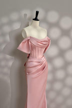 Long Pink Satin Prom Dress Off Shoulder Prom Dress Evening Party Gowns    fg7426